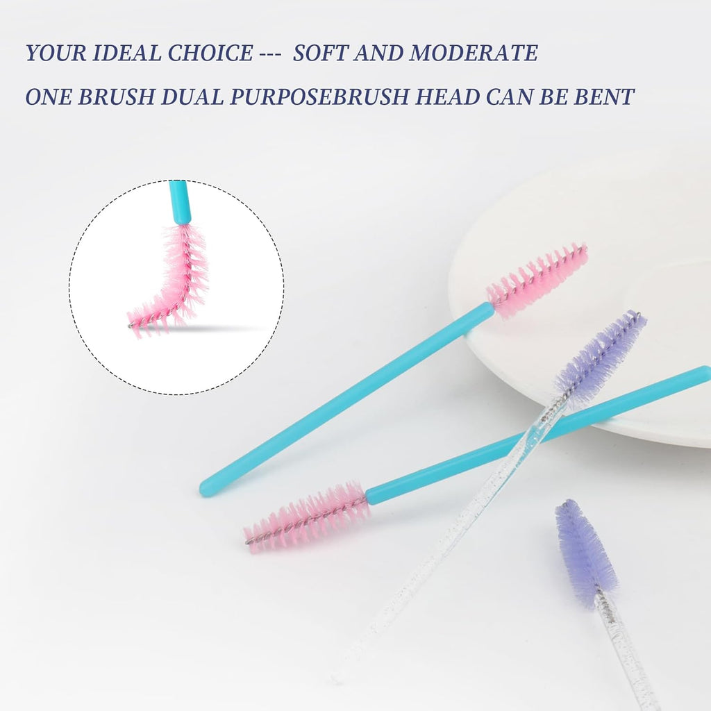 300PCS Disposable Mascara Wands Spoolie Brush Crystal Eyebrow Brushes Eyelash Extension Applicator Makeup Kits(Purple/Blue Pink)