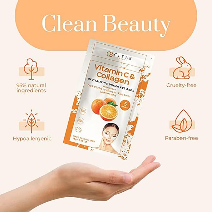 Vitamin C & Collagen Under Eye Patches - Dermatologist Tested, Reduces Dark Circles, Anti-Aging - Clean Beauty, Natural Ingredients, Cruelty-Free Korean Skincare, All Skin Types - 5 Pairs