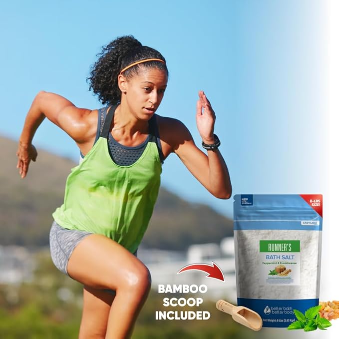 Runner's Bath Salt 128 Ounces (8 Lbs) Soothing Epsom Salt Bath Soaks with Natural Peppermint and Frankincense Essential Oils Plus Vitamin C in BPA Free Pouch with Easy Press Lock Seal Made in USA