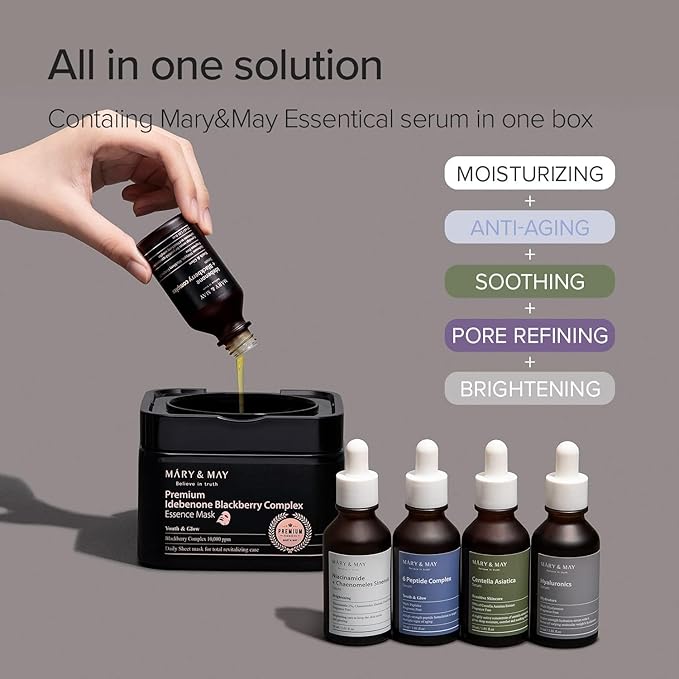 Mary&May Niacinamide + Chaenomeles Sinensis Face Serum + Premium Idebenone Blackberry Complex Essence Mask Bundle