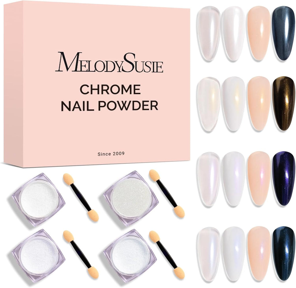 MelodySusie 4Pcs Chrome Nail Powder for Gel Nails, Aurora Fine Glitter Powder Mirror Effect Pigment Pearlescent Mermaid Pigment Pearl Glitter for Home DIY Salon Use
