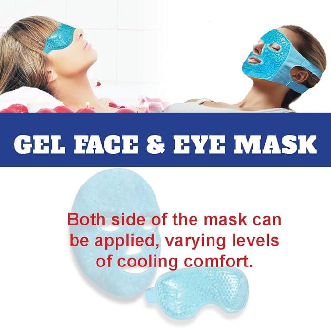 USA Merchant - 2PCs Cold & Hot Face and Eye Gel Mask, Reduce Puffiness, Dark Circles, Swelling, Headache, Skin Care Reusable Reversible Cooling and Hot Mask (Eye & Face Mask Blue)