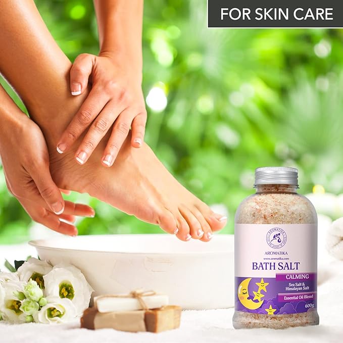 Calming Bath Salts 21.16 Oz - w/Sandalwood & Lavender & Bergamot Essential Oils - Natural Bath Sea Salts 600g - Good for Bath- Good Sleep - Relaxing - Body Care - Beauty - Aromatherapy