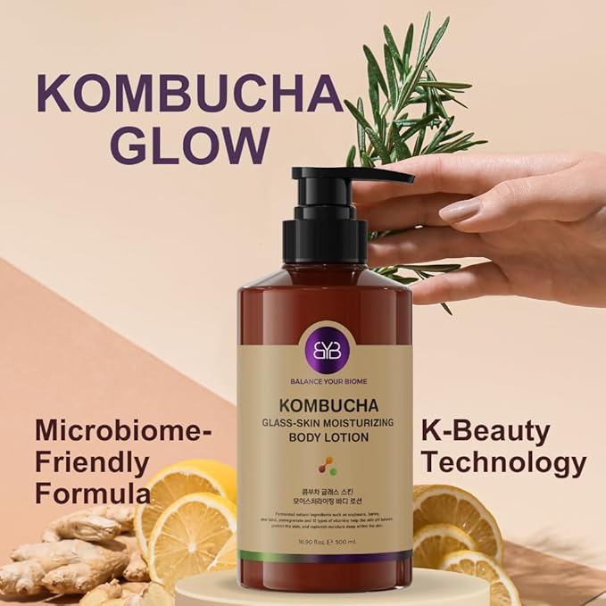 BALANCE YOUR BIOME Kombucha Glass-Skin Moisturizing Body Lotion, Fermented soybeans, barley, pear juice, pomegranate,12 types of Vitamin. pH balance, K-Beauty,16.9 fl.oz.500ml,No Silicone