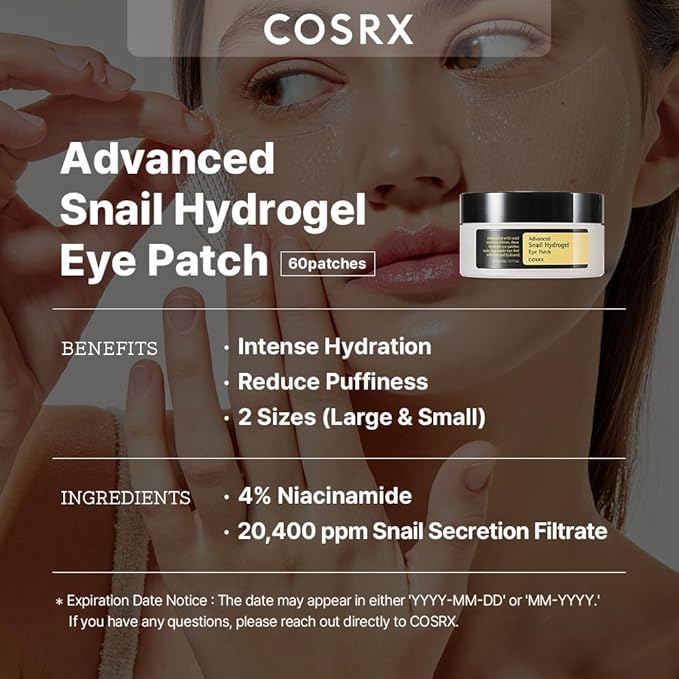 COSRX Advanced Snail Hydrogel Eye Patch (60pc), Gel Serum Mask, Puffy Undereye Treament, Fine Lines, Refresh, Hydrate| Paraben free, Korean Skin Care