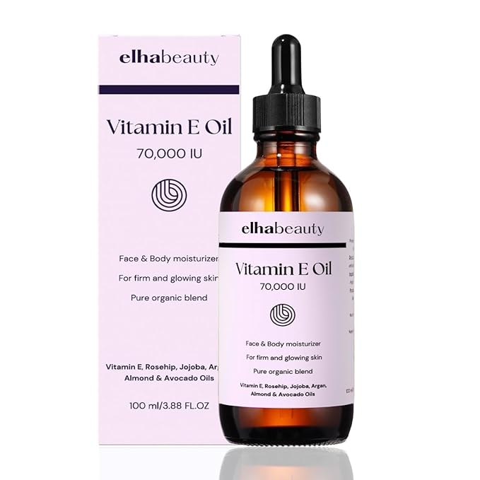 Elhabeauty Vitamin E Oil 70,000 IU, Face & Body Moisturizer, with Rosehip, Jojoba, Almond and Avocado Oils, for a firm and healthy Skin, 3.88 fl oz