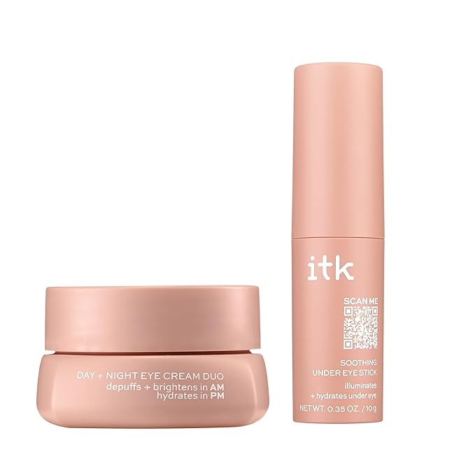 ITK Skincare Eye Cream Set - Caffeine Infused Under Eye Stick + Anti Aging Day + Night Eye Cream with Vitamin C and Ceramides - Brighten + Depuff - Hydrate, Firm + Reduce Puffiness - Skincare Set
