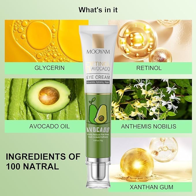 Retinol Avocado Eye Cream Serum - Hydrating Anti-Aging Treatment for Dark Circles, Puffiness, Fine Lines - Overnight Skin Care