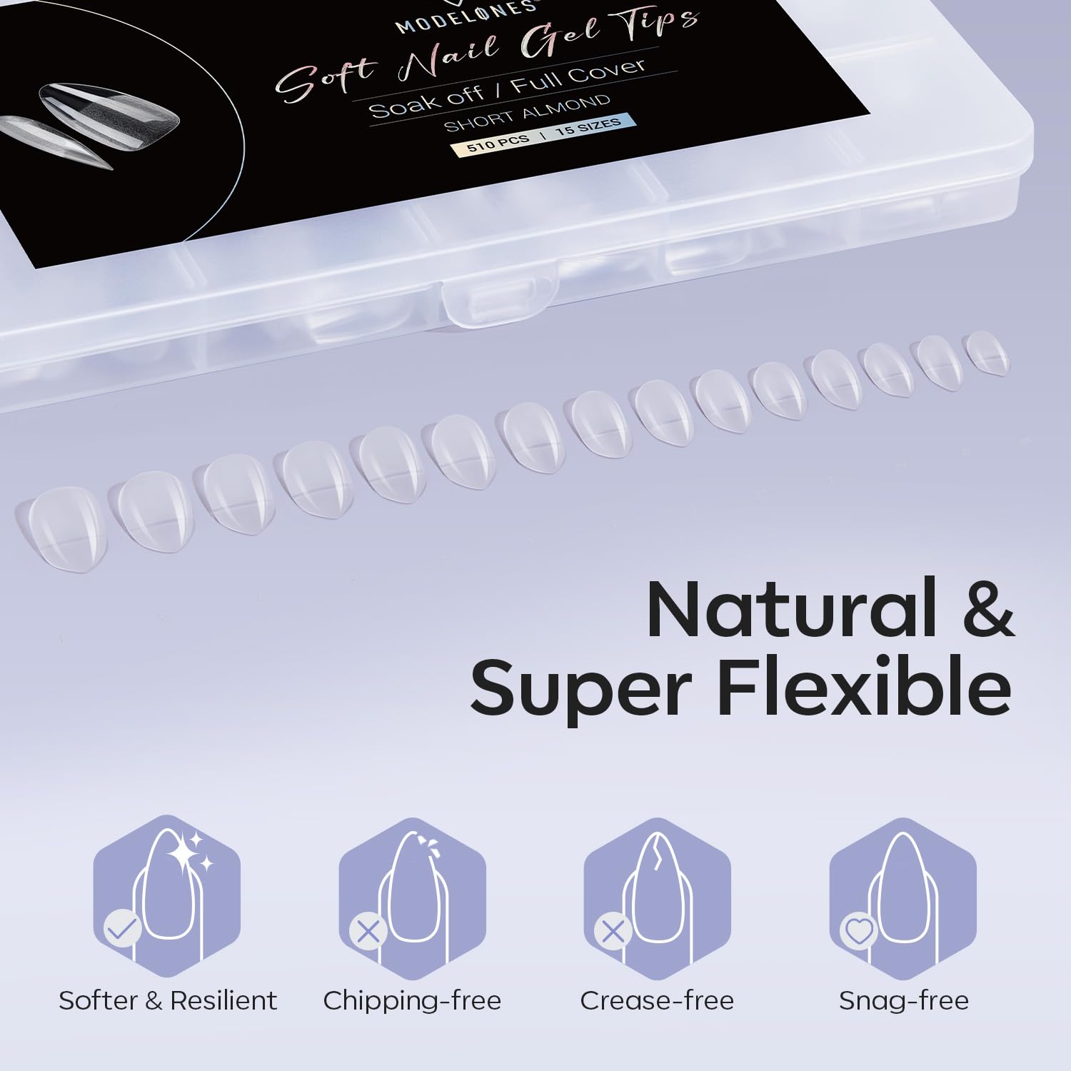 Modelones Short Almond Fake Nail Tips - 510Pcs Gel Tips Pre-shaped Half Matte Full Cover Clear Acrylic Gel Kit False Press on Nails for Extension DIY Salon 15Sizes