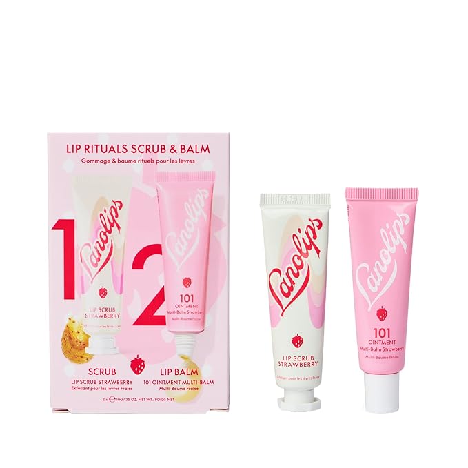 Lanolips Strawberry Lip Scrub & Lip Balm Set - Lip Rituals Lip Care Kit Infused with Pure Lanolin & Strawberry Extract - Gently Smoothes and Hydrates Dry Skin (2 Count)