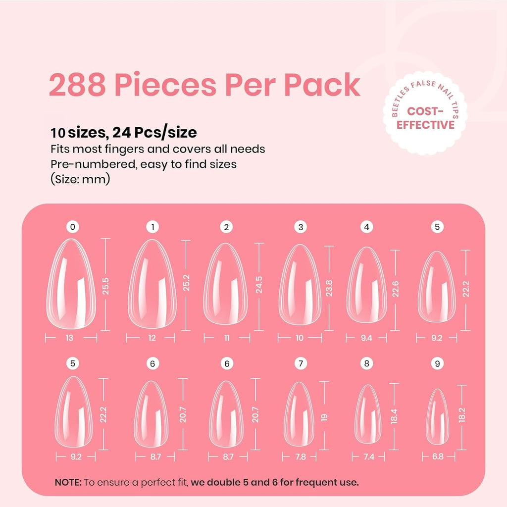 Beetles Gel Nail Tips Clear, Almond Medium, 288Pcs 10 Sizes, Pre-shaped Full Cover Soft Acrylic False Press On Nail Tips Almond Shape Easy Home DIY Fall Fake Nail Extension Art Salon Gift for Women