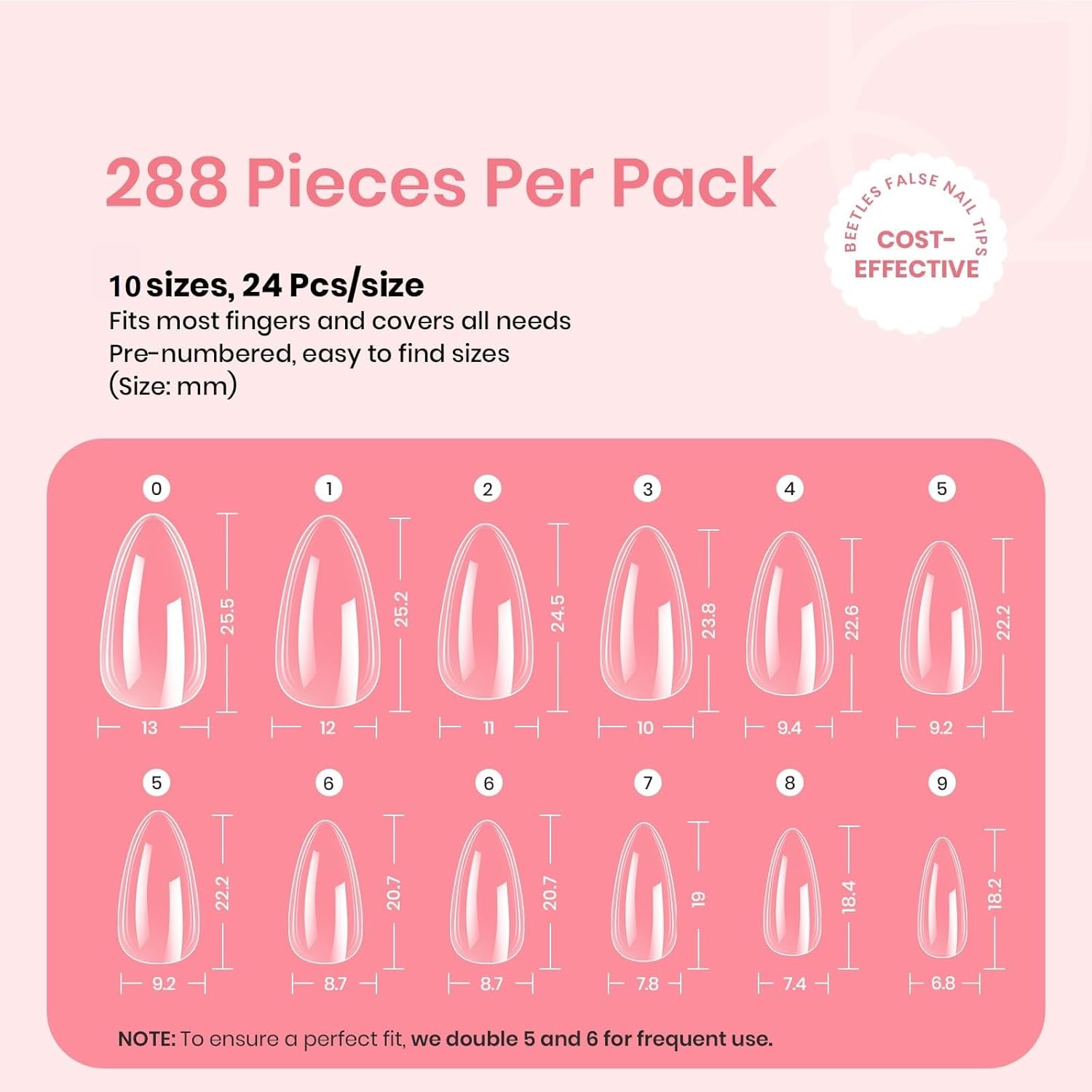 Beetles Gel Nail Tips Clear, Almond Medium, 288Pcs 10 Sizes, Pre-shaped Full Cover Soft Acrylic False Press On Nail Tips Almond Shape Easy Home DIY Fall Fake Nail Extension Art Salon Gift for Women