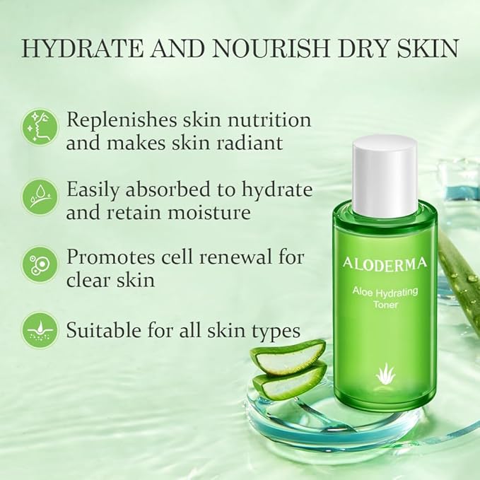 Aloderma Essential Aloe Hydrating Skin Care Set - 4 Pieces - Gel, Cleanser, Toner, Cream