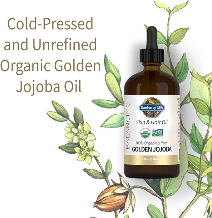 Garden of Life Jojoba Oil 100% Organic & Pure Golden Jojoba Oil for Hair, Skin and Face - Cold Pressed Jojoba Body Oil, Massage, or Use as a Carrier Oil for Making Lip Balms & Body Butters, 4 fl oz