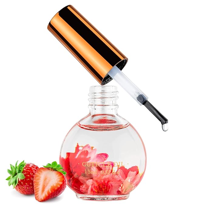 JIASHENG Cuticle Oil, Strawberry Scented Cuticle Nail Oil Infused with Real Flowers, Hydrates, Moisturizes, Strengthens, Repairs, Revitalizing Cuticle Oils for Nails Damage Dry Cuticle, 15ml