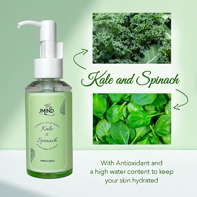 JMind Kale & Spinach Organic Face Wash - Vegan Daily Face Wash - Green Tea Facial Cleanser - pH Balanced - All Skins (3.38oz)