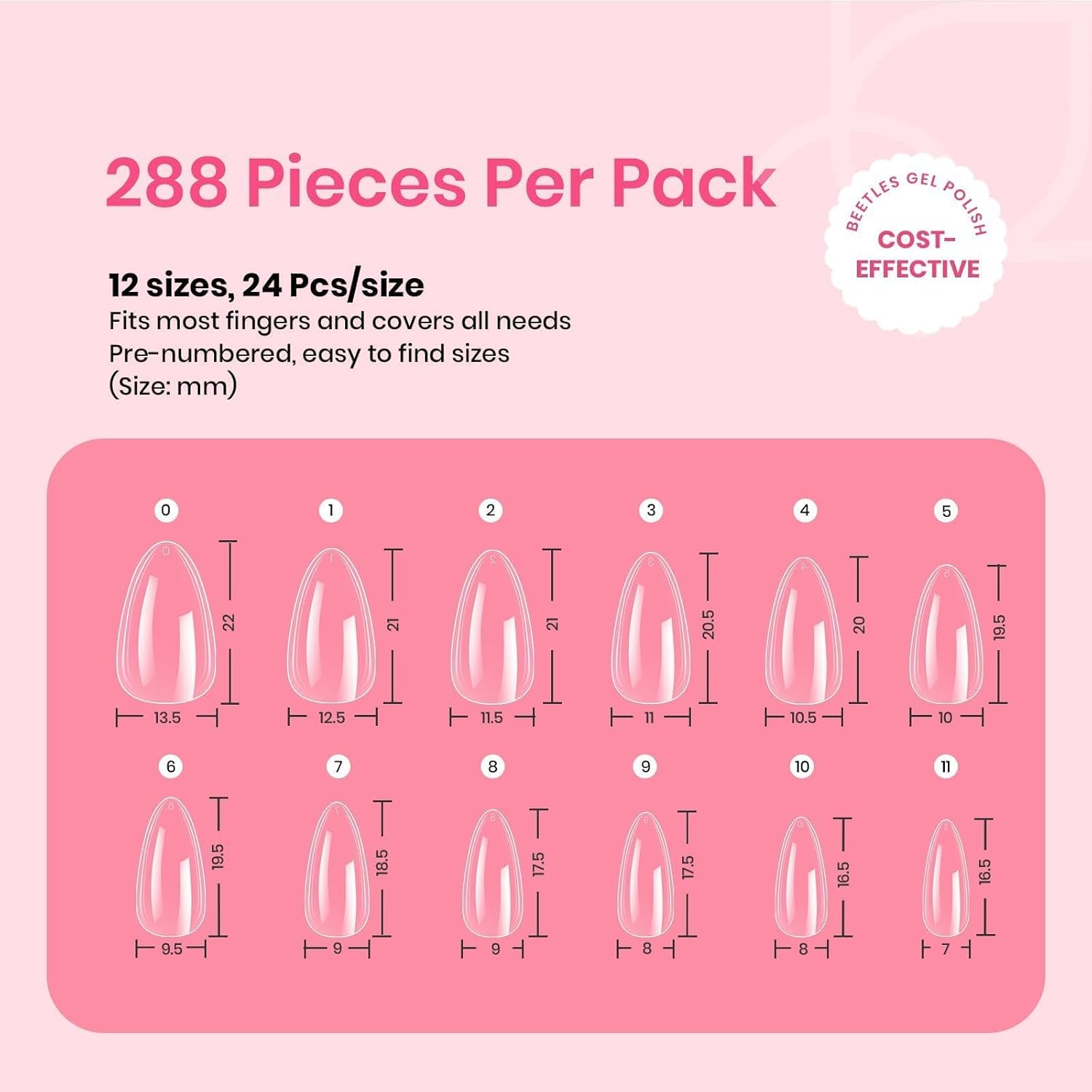 Beetles Gel Short Almond Nail Tips, 288Pcs Pre-Shape Clear Short Almond Gel Press On Nail Fake Nails Easy Nail Extension Full Cover False Nails for Gel Nail Polish Gelly Tips DIY Nail Salon