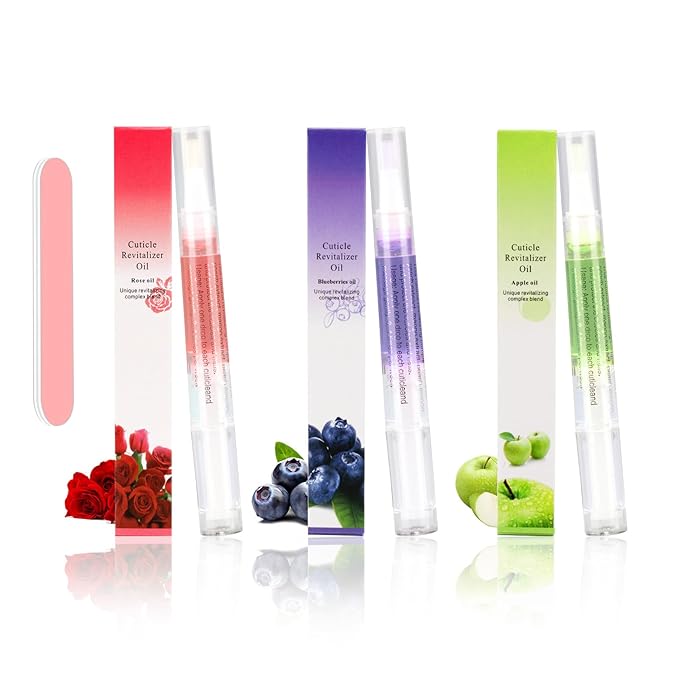 Meschett 3PCS Nail Cuticle Oil Pens with Nail File, Cuticle Oil for Nails from Natural, Nail Oil Cuticle for Cracked and Dry Nail(Blueberry & Rose & Apple Flavor)