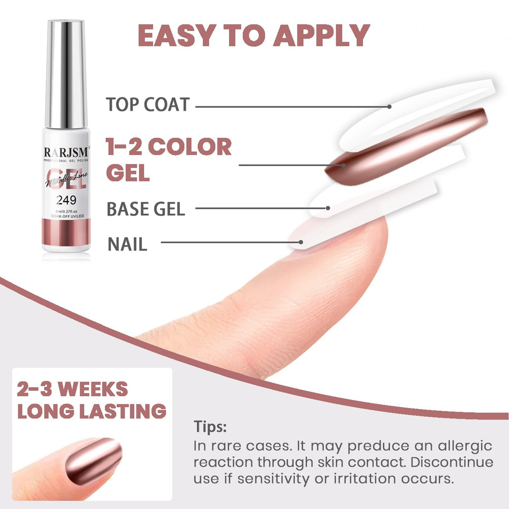RARJSM Metallic Gel Liner Nail Art Rose Gold 3D Mirror Chrome Effect Gel Nail Polish 8ml Painting Build in Thin Brush Metal Painted Drawing Striper Gelpolish Soak off Curing Requires for Home Salon