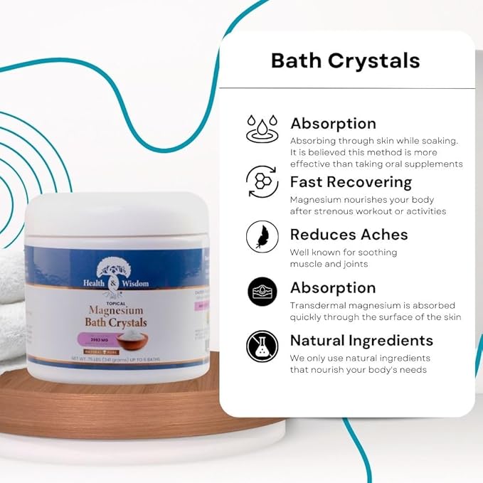 Health and Wisdom Magnesium Bath Salt - Magnesium Chloride Flakes for Bath Soak, 4X Epsom Salt Concentration, Unscented Formula, Dead Sea Sourced, Zero Additives - 12oz