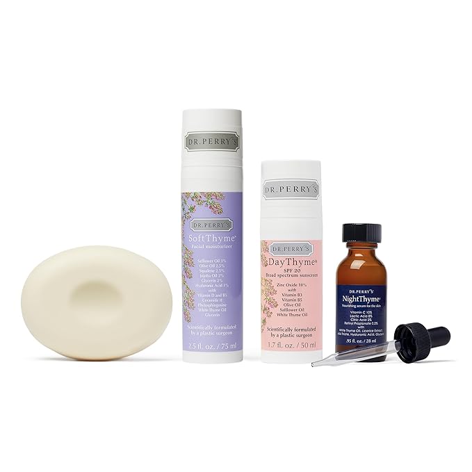 Dr. Perry's Complete Facial Skincare Regimen, 4 Pc. Kit - Vitamin C Night Serum, Facial Moisturizer, SPF Skin Protector, Facial Cleansing Bar