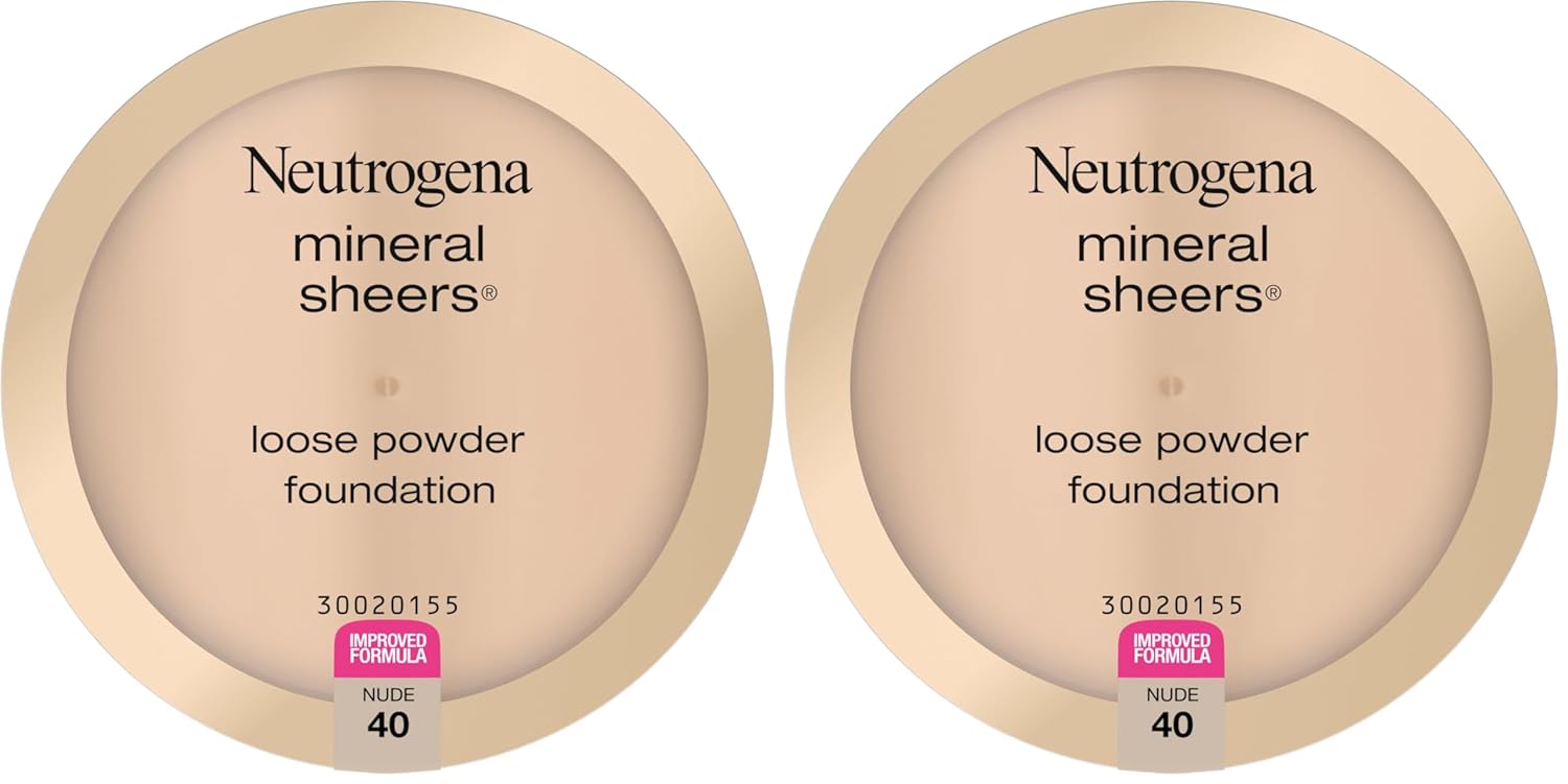 Neutrogena Mineral Sheers Lightweight Loose Powder Makeup Foundation with Vitamins A, C, & E, Sheer to Medium Buildable Coverage, Skin Tone Enhancer, Face Redness Reducer, Nude 40,.19 oz (Pack of 2)