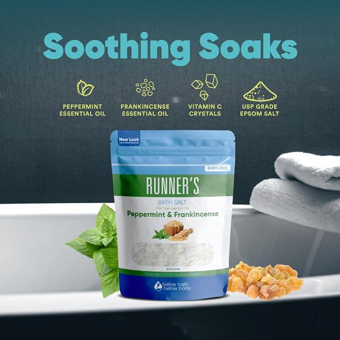 Runner's Bath Salt 32 Ounces Epsom Salt with Natural Peppermint, Frankincense, Lemon, Cypress, Tea Tree and Lemongrass Essential Oils Plus Vitamin C in BPA Free Pouch with Easy Press-Lock Seal