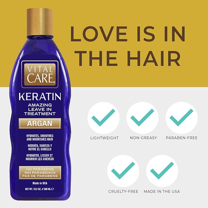 Vital Care Keratin Amazing Leave-In Treatment Argan - Gentle Keratin Complex Hair Treatment is Non-Stripping for Daily Use, Hydrating & Repairing - Abyssinian, Avocado & Sunflower Seed Oil