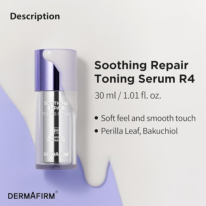 DERMAFIRM Soothing Repair Toning Serum R4 | Korean Bakuchiol Face Serum w/Niacinamide & Peptides | Calming and Correcting Facial Serum | No Animal Trials No Parabens 1.01 fl oz
