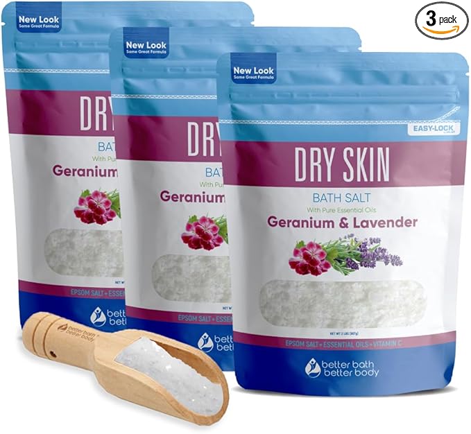 Dry Skin Bath Salt (3 Pack with Scoop) Skin Soothing Epsom Salt with Pure Essential Oils in BPA Free Pouch with Press Lock Seal Made in USA Three 2 Lbs Pouches 6 Lbs Total