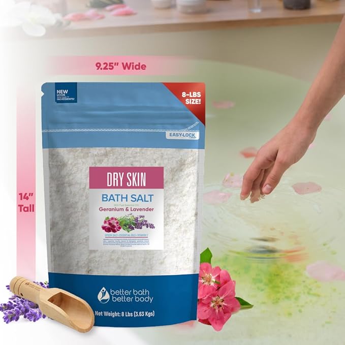 Dry Skin Bath Salt 128 Ounces Epsom Salt with Natural Geranium, Lavender, Ylang Ylang, and Lemon Essential Oils Plus Vitamin C in BPA Free Pouch with Easy Press-Lock Seal