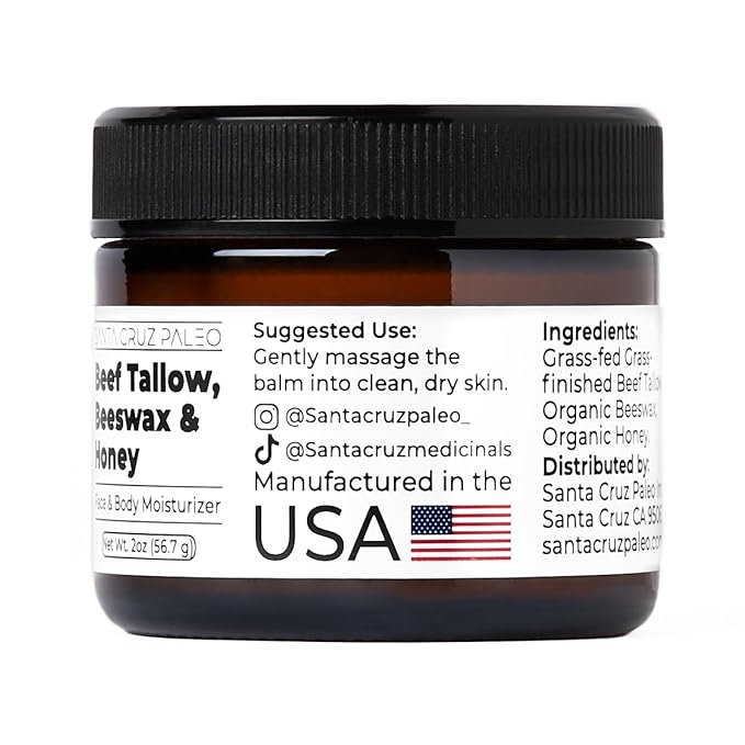 Santa Cruz Paleo Beef Tallow for Skin, Grass Finished & Grass Fed Beef Tallow and Honey Balm Body & Face Moisturizer, Organic Beeswax and Organic Honey, Light Scent, Moisturizing Natural Formula, 2 Oz