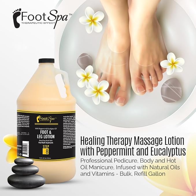 Foot SPA - Healing Therapy Massage Lotion,128 Oz - with Peppermint and Eucalyptus - Professional Pedicure, Body and Hot Oil Manicure, Infused with Natural Oils and Vitamins - Bulk, Refill Gallon