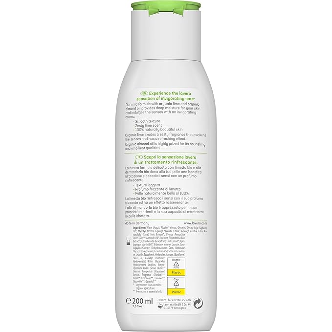 lavera Body Lotion Refreshing - Body Milk with organic lime & almond oil fragrance - body milk for normal skin - PETA certified - biodegradable - vegan - natural cosmetics - 6,76 fl.oz.