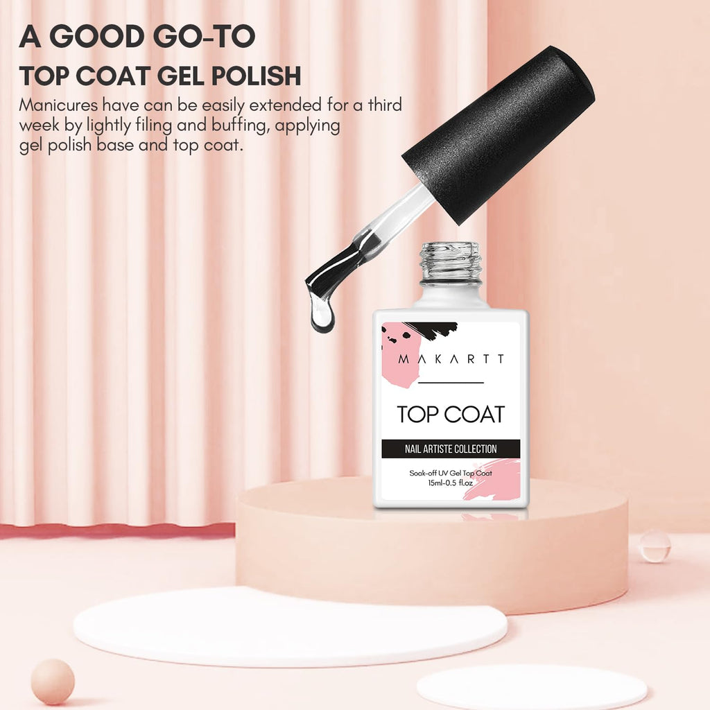Makartt Gel Top Coat No Wipe, 15ML Clear Top Coat Gel Nail Polish, High Gloss Shine Finish Long Lasting Soak Off UV Nail Lamp Need for Acrylic Nails, Salon Quality Home DIY Manicure