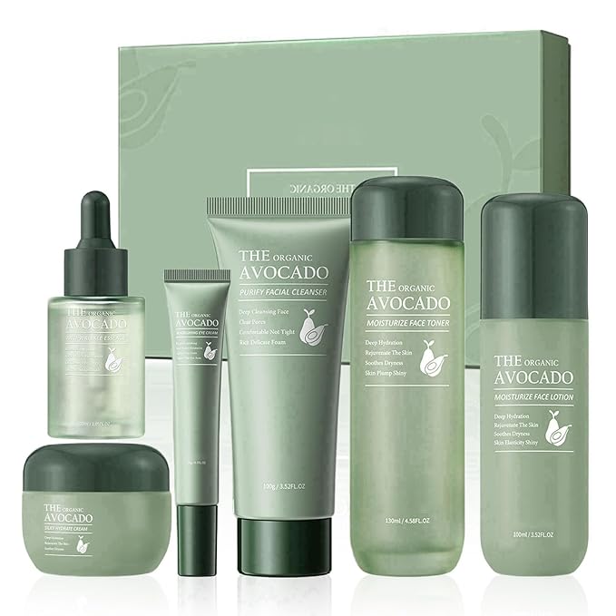 Avocado Skin Care Set, Face Skin Care Set For Women, Skin Care Kit for Women Teens - Cleanser, Toner, Face & Eye Cream, Serum, Facial Lotion, 6PCS Skincare Gift Set Anti-Aging Smooth Hydrating Skin