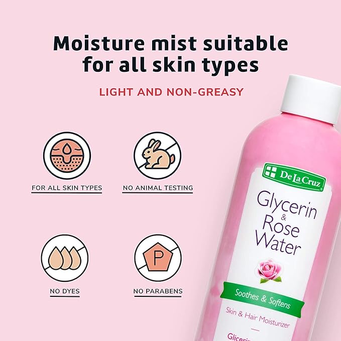 De La Cruz Rose Water and Glycerin for Face - Rosewater Facial Toner and Moisturizer for Skin and Hair 8 fl oz (236 mL) - 12 Bottles