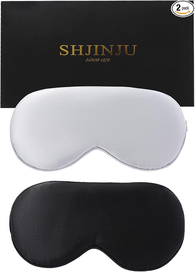 2-Pack 100% Real Natural Silk Eye Mask, Silk Sleeping Mask, Shade Puffy Eye Gift with Adjustable Straps, Sleep Eye Mask, SHJINJU Eye Mask Shade (Black and Light Grey)