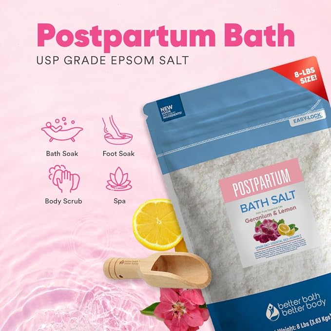Postpartum Sitz Bath Soak 128 Ounces (8 Lbs) Bulk Bag Postpartum Care for New Moms Bath Salt with Essential Oils in Easy Press Lock BPA Free Pouch Made with Natural Ingredients Made in USA