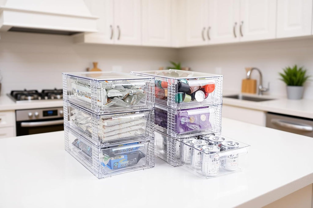 4 Pack Clear Stackable Storage Drawers, 3.95" H Easily Assemble Acrylic Organizer Bins - Multi-Use for Make up, Closet, Pantry, Bathroom, Medicine, Kitchen Cabinet & Undersink Organization