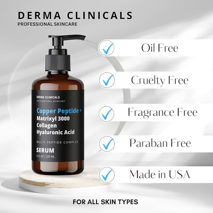 Copper Peptide + Matrixyl 3000, Collagen, Hyaluronic Acid Serum for face, Multi Peptide Firming and Plumping Serum, Anti-Wrinkle, Anti-Aging Face Serum - 4oz