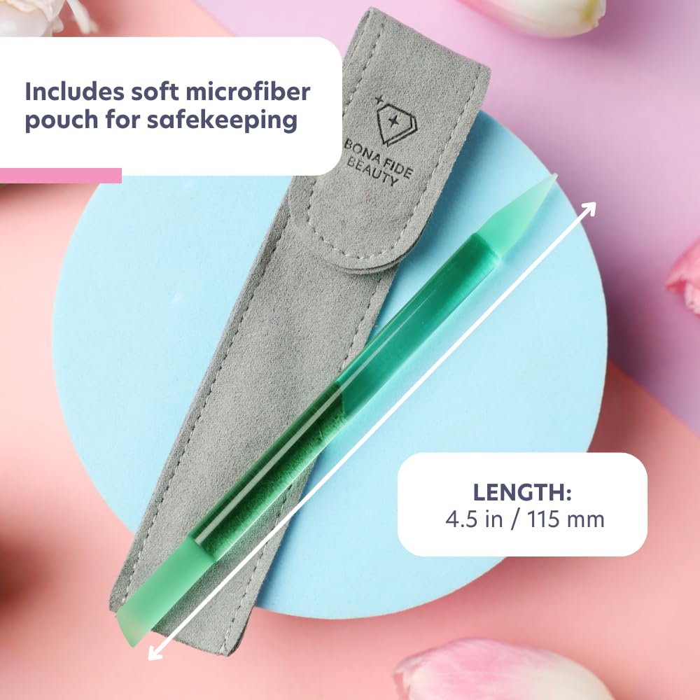 Bona Fide Beauty Czech Glass Cuticle Pusher (Jade Color) with Microfiber Sleeve, Gentle Manicure Stick and Cuticle Remover - Made in The Czech Republic