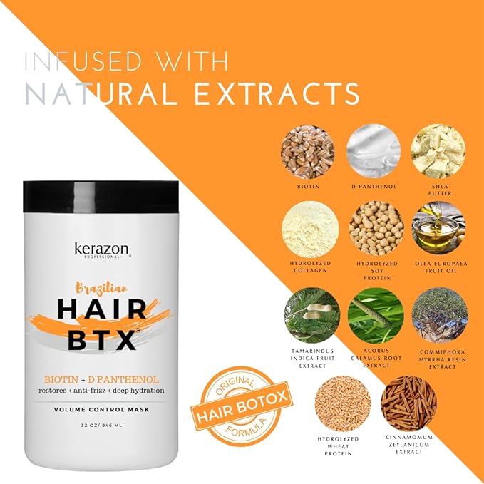 KERAZON Brazilian Hair BTX Treatment mask 32oz 946ml provides repair for damaged, dry, smoothing. New packaging, original formula. Salon size