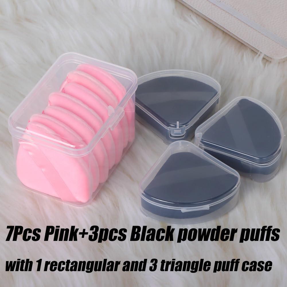 Ocim 10Pcs Powder Puffs for Face Powder,Soft Velour Triangle Beauty Puff,Makeup Pressed,Baking & Setting Powder Sponge Applicator Pads with Case,Black&Pink