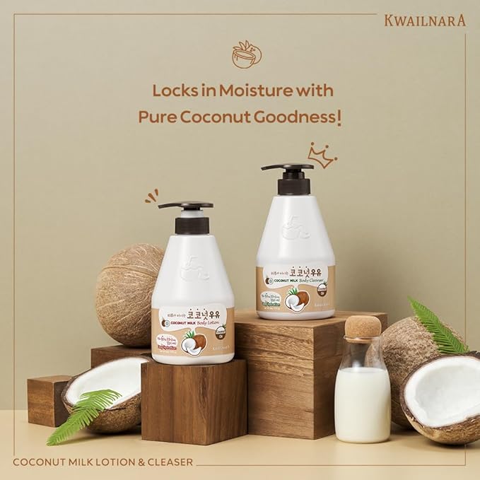 WELCOS Kwailnara Coconut Milk Body Lotion & Body Wash Set – Moisturizing & Revitalizing Korean Skincare Bundle with Coconut Milk Extract, 560g / 19.75oz Each
