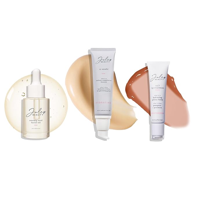 Julep Glow Essentials: Antioxidant Rosehip Seed Facial Oil, So Awake Snail Mucin Radiant Complexion Booster & Moisturizer, and 24/7 Lip Treatment -Sheer Joy - Complete Hydration and Nourishment Set