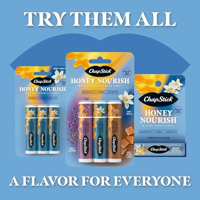 ChapStick Lip Balm Honey Nourish, Moisturizing Fomula with Shea Butter and Avocado Butter, Vitamin E, Honey Vanilla Flavor, 3CT BC .45OZ