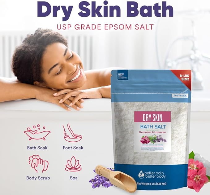 Dry Skin Bath Salt 128 Ounces Epsom Salt with Natural Geranium, Lavender, Ylang Ylang, and Lemon Essential Oils Plus Vitamin C in BPA Free Pouch with Easy Press-Lock Seal