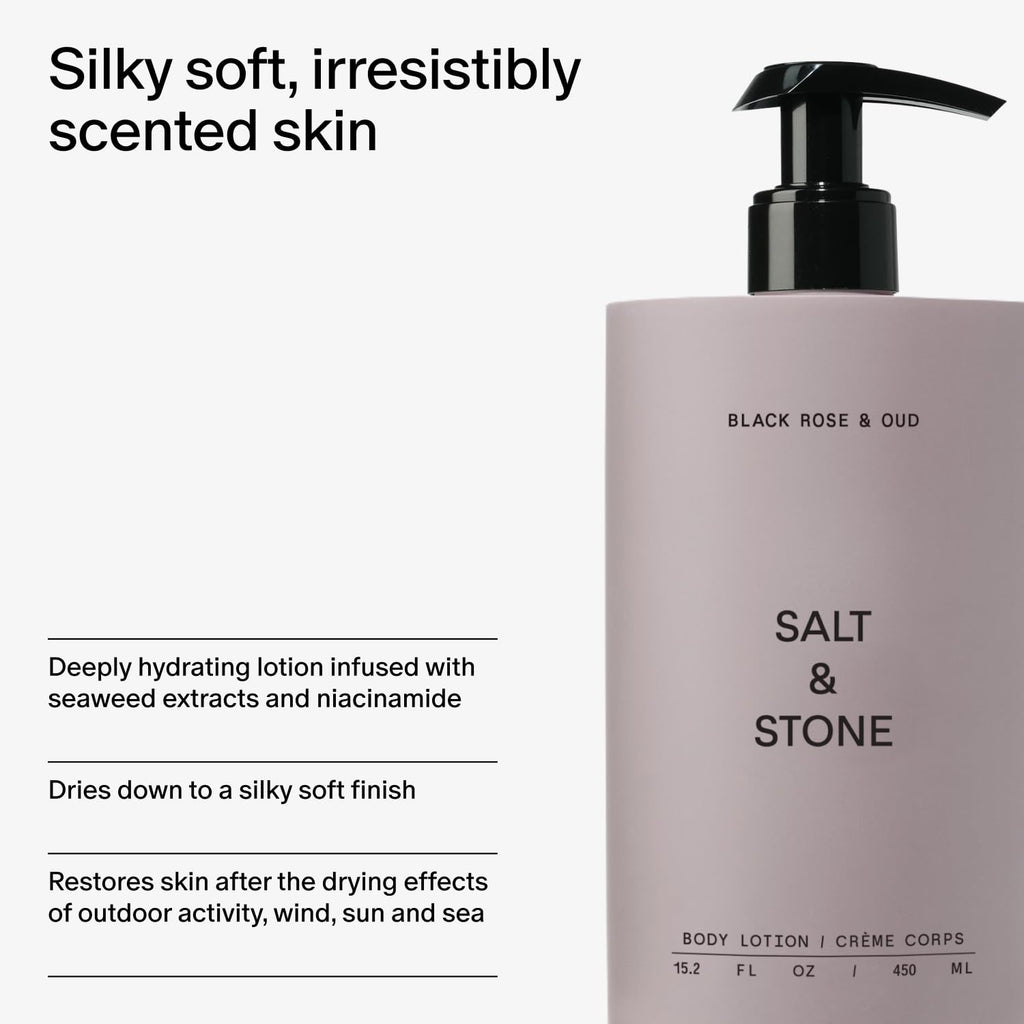 Salt & Stone Body Lotion for Women & Men| Scented Daily Body Lotion | Hydrates, Nourishes & Softens Skin | Restores Dry Skin | Fast-Absorbing | Cruelty-Free & Vegan (450 ml) (Black Rose & Oud)