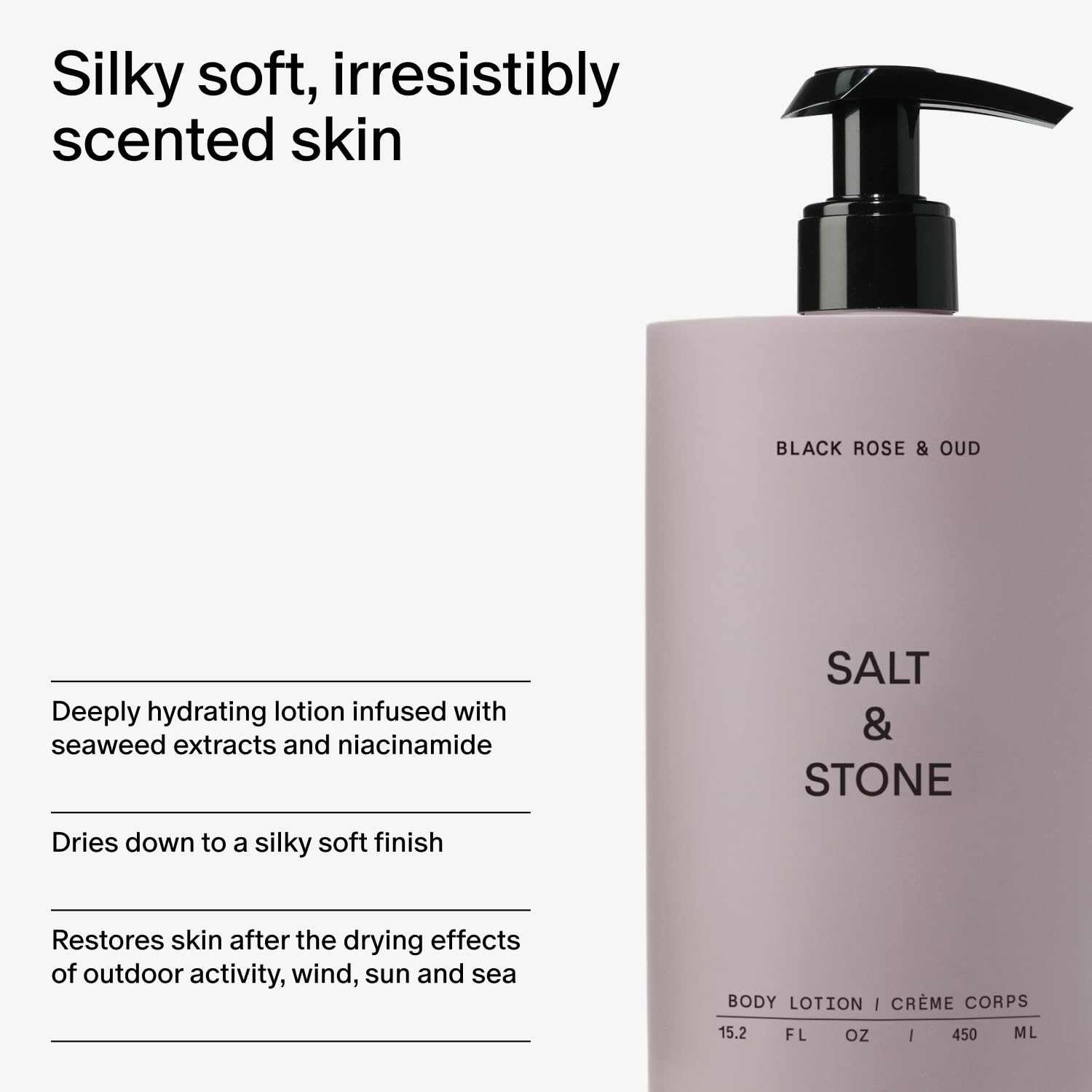 Salt & Stone Body Lotion for Women & Men| Scented Daily Body Lotion | Hydrates, Nourishes & Softens Skin | Restores Dry Skin | Fast-Absorbing | Cruelty-Free & Vegan (450 ml) (Black Rose & Oud)